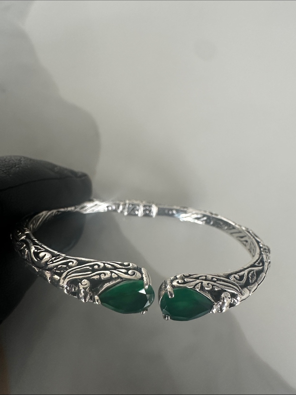 Sterling-Style Silver Dragon Head Bracelet with Green Stones